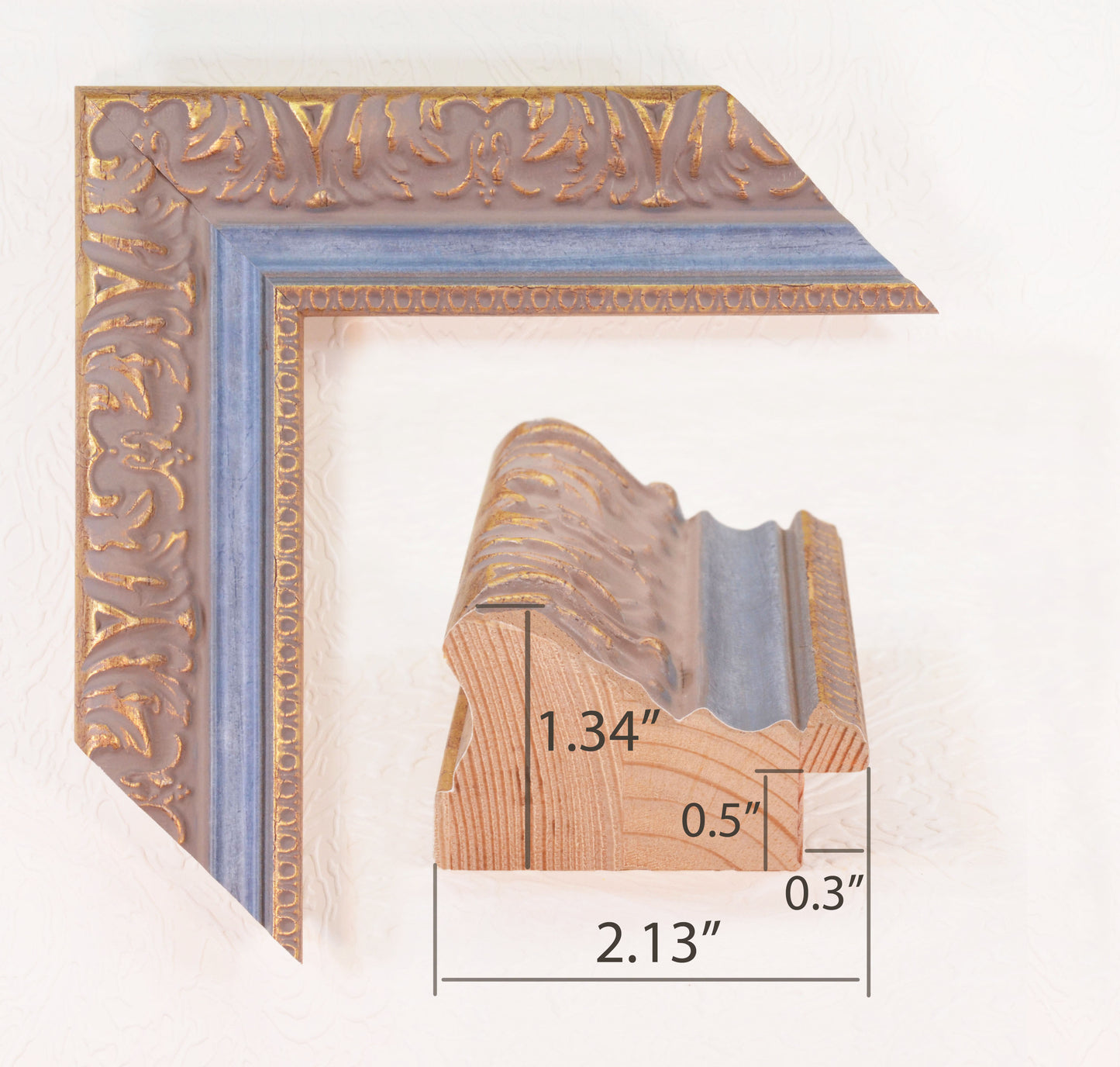 Antique Gold Picture Frame on grey pink background with Blue stripe in classic style. 2.13" wide x 1.34" high.