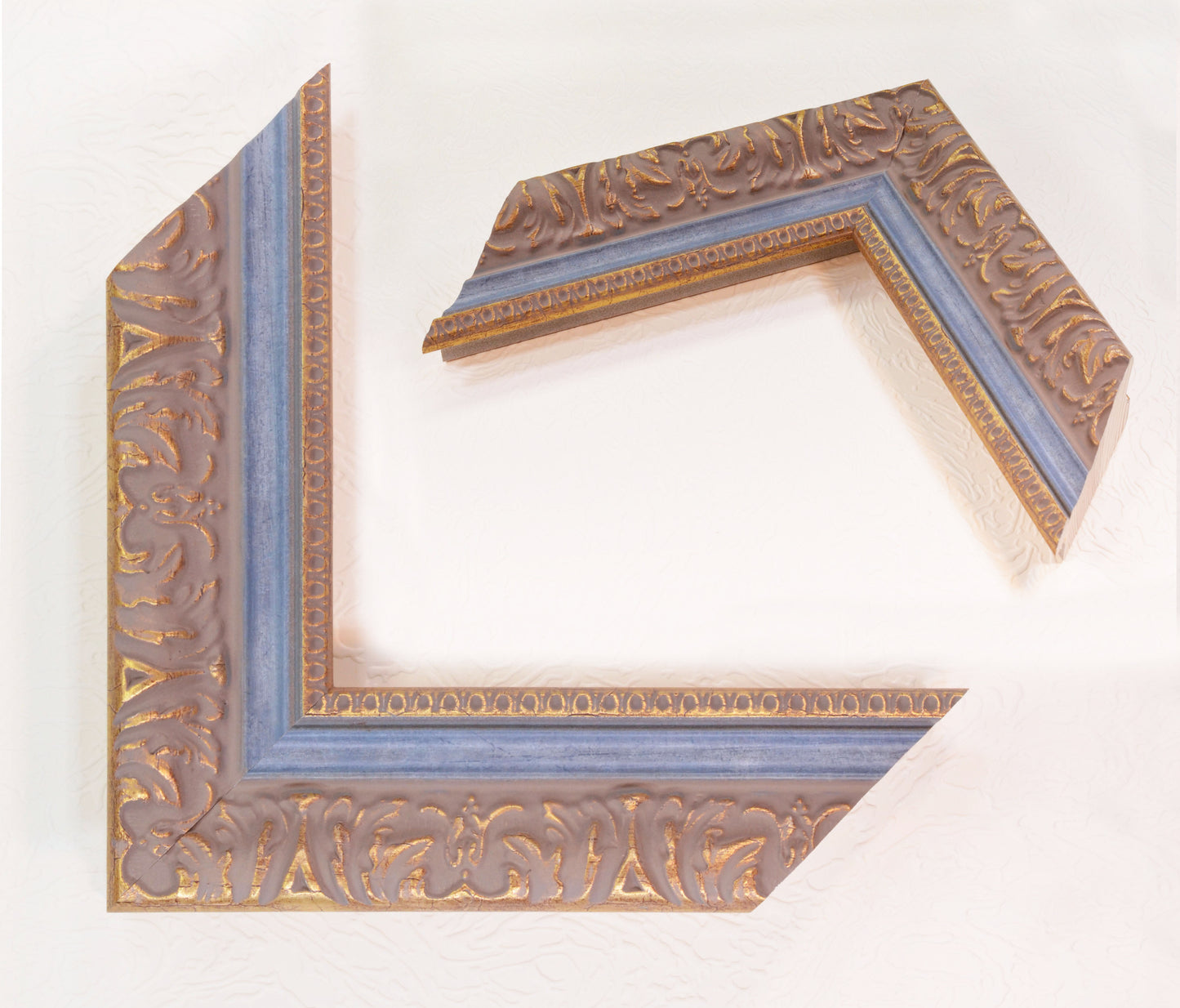 Antique Gold Picture Frame on grey pink background with Blue stripe in classic style. 2.13" wide x 1.34" high.