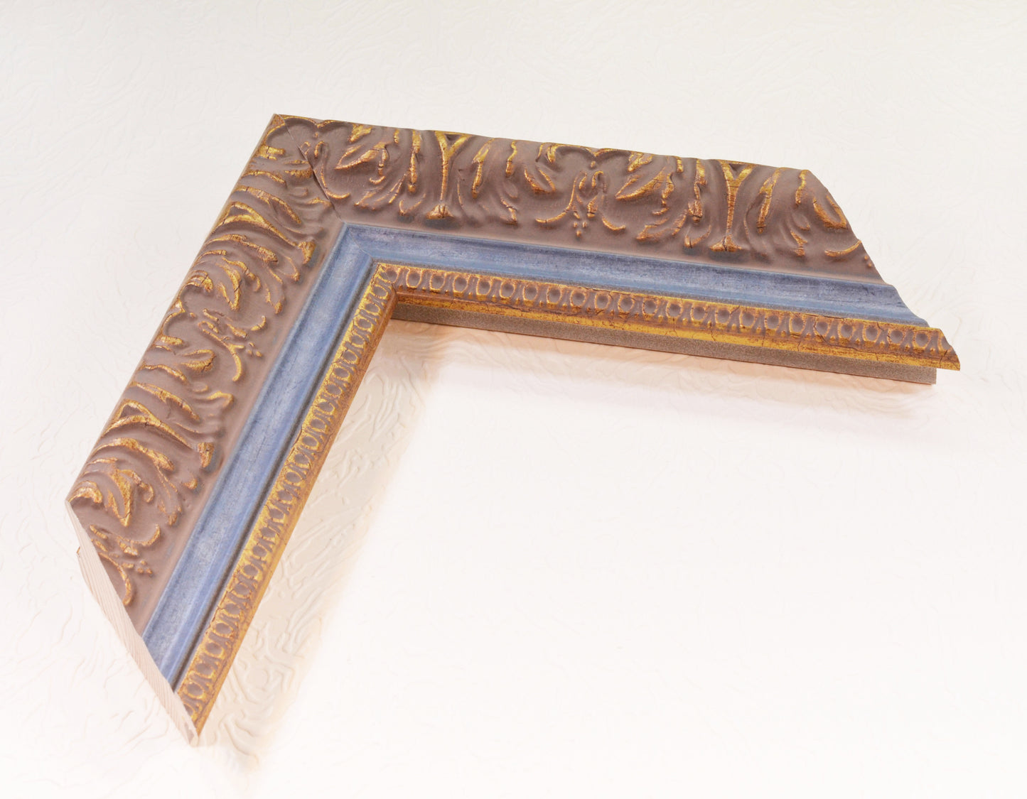 Antique Gold Picture Frame on grey pink background with Blue stripe in classic style. 2.13" wide x 1.34" high.