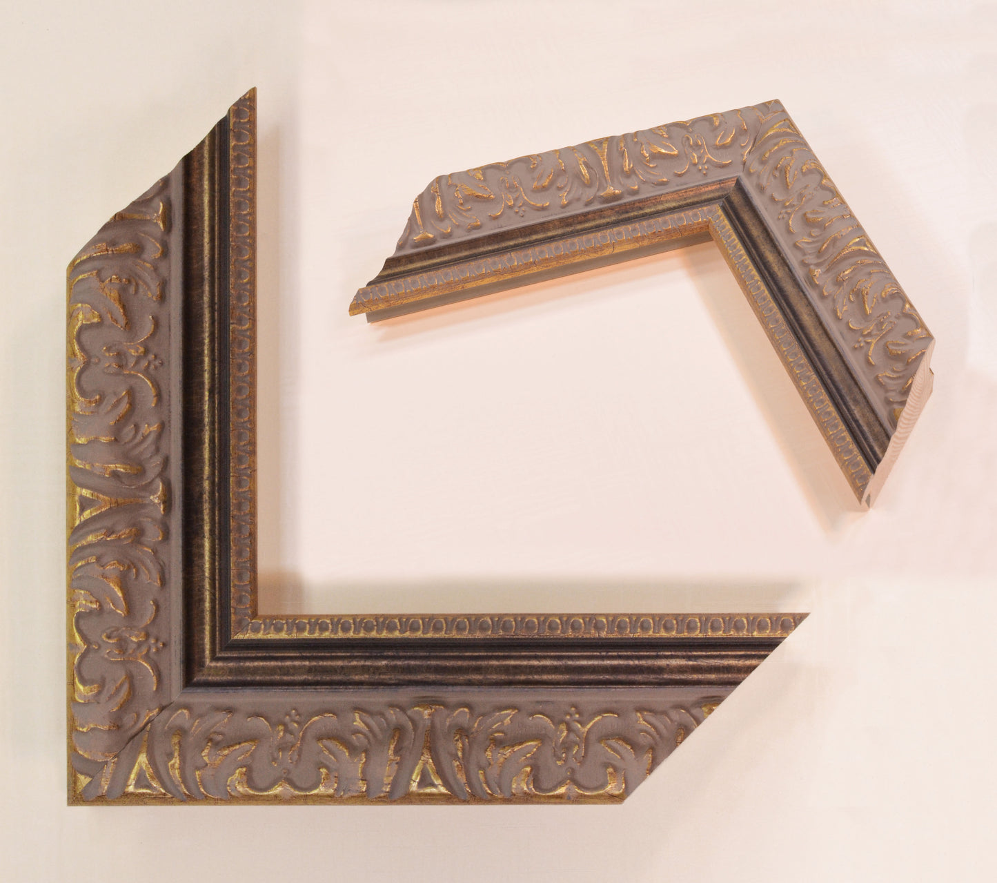 Antique Gold Picture Frame on rich gray background with black stripe in classic style. Width 2.13" x Height 1.34".