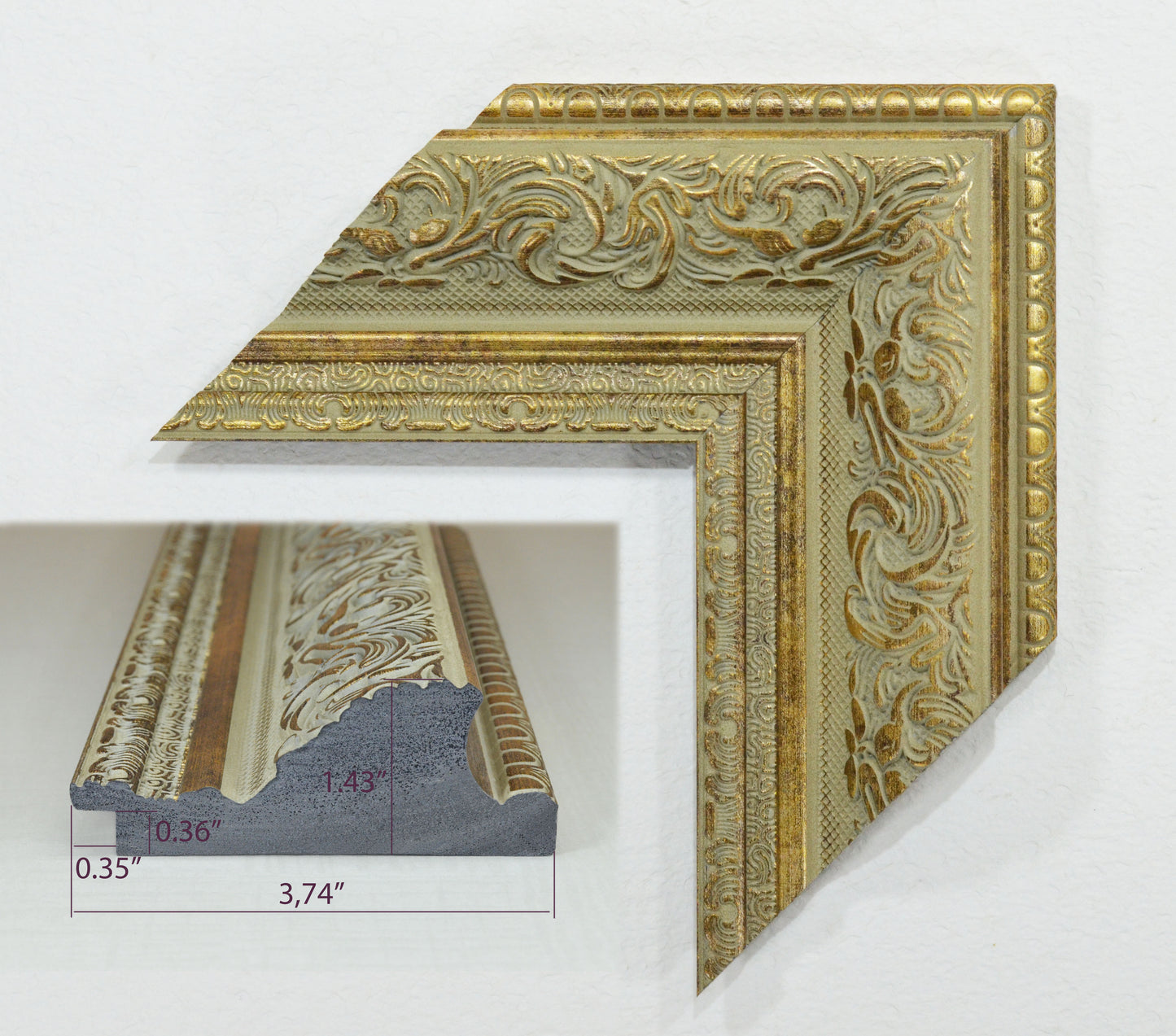 Antique Gold on Beige Green Background, Picture Frame. Width 3.74 inches, height 1.43 inches.