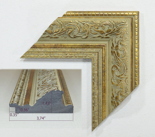Antique Gold on Beige Green Background, Picture Frame. Width 3.74 inches, height 1.43 inches.