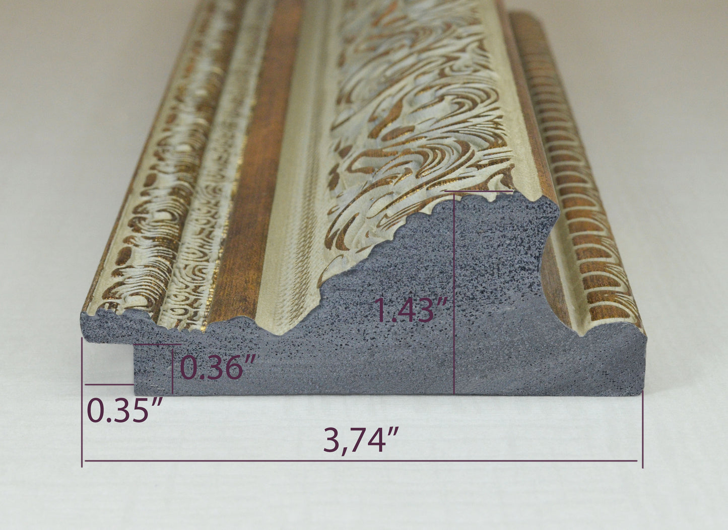 Antique Gold on Beige Green Background, Picture Frame. Width 3.74 inches, height 1.43 inches.