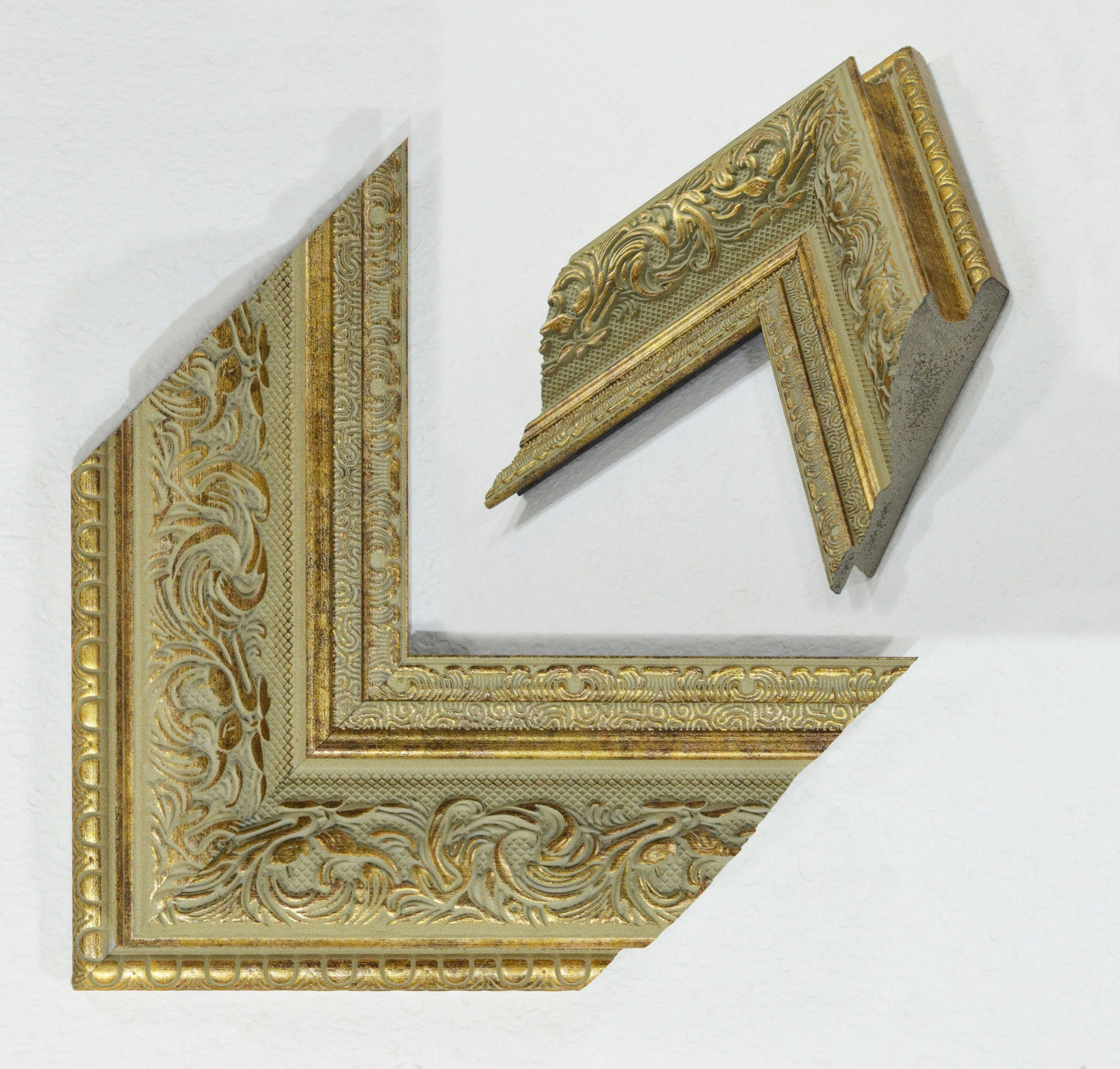 Antique Gold on Beige Green Background, Picture Frame. Width 3.74 inches, height 1.43 inches.