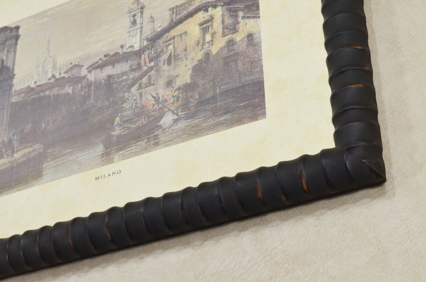 Unusual embossed wooden frame in black, 1.1 inches wide, 0.9 inches high.