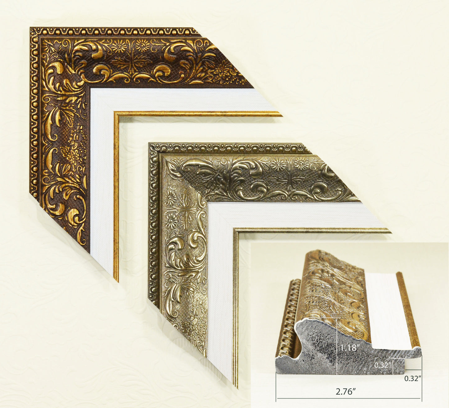 Beautiful Picture Frame Gold and Silver with Mat Strip (Paspartout). Width 2.76" x Height 1.18". Polystyrene Frame.