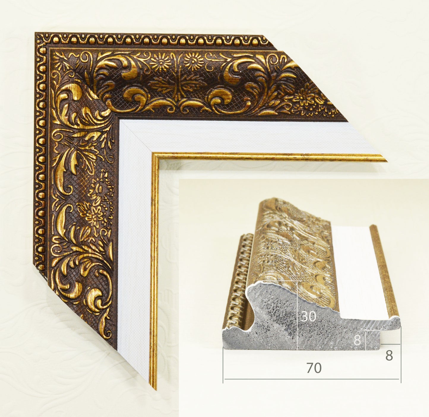 Beautiful Picture Frame Gold and Silver with Mat Strip (Paspartout). Width 2.76" x Height 1.18". Polystyrene Frame.