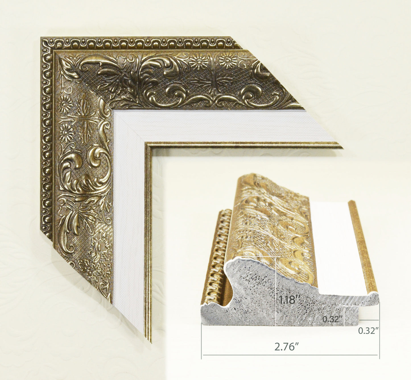 Beautiful Picture Frame Gold and Silver with Mat Strip (Paspartout). Width 2.76" x Height 1.18". Polystyrene Frame.