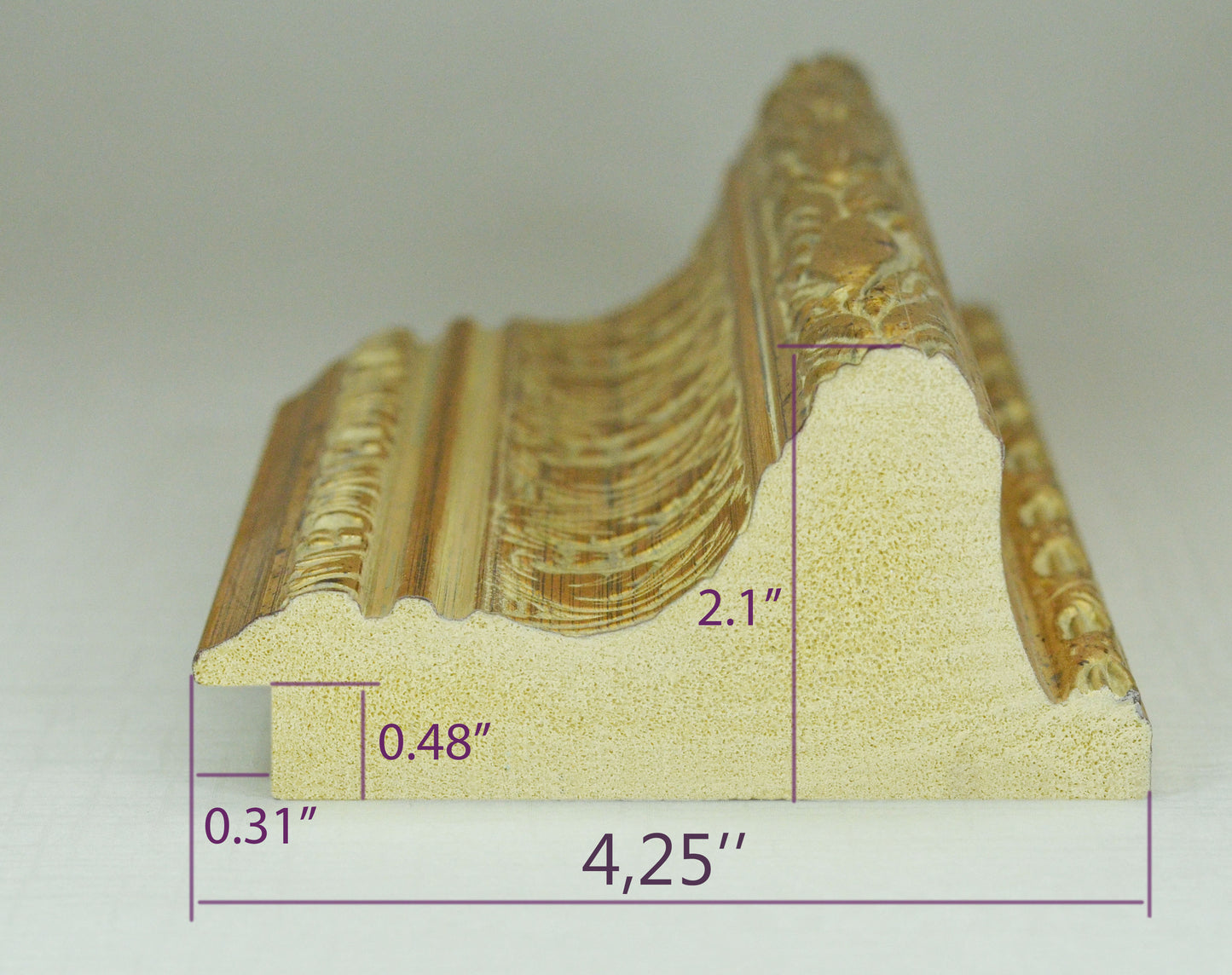 Antique Gold on Beige Green Background, Picture Frame. Width 4.25 inches, height 2.1 inches. Polystyrene Picture Frame.
