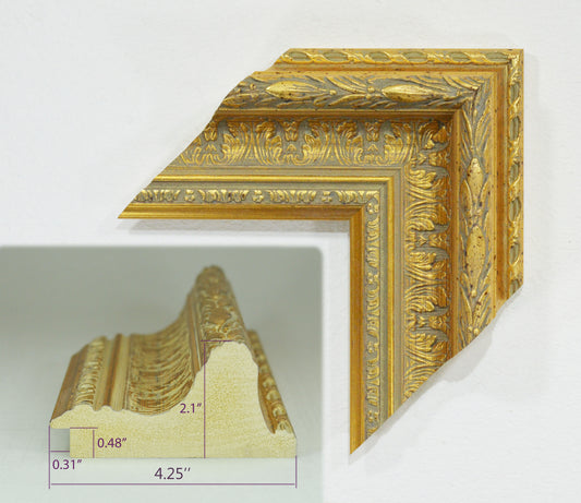 Antique Gold on Beige Green Background, Picture Frame. Width 4.25 inches, height 2.1 inches. Polystyrene Picture Frame.