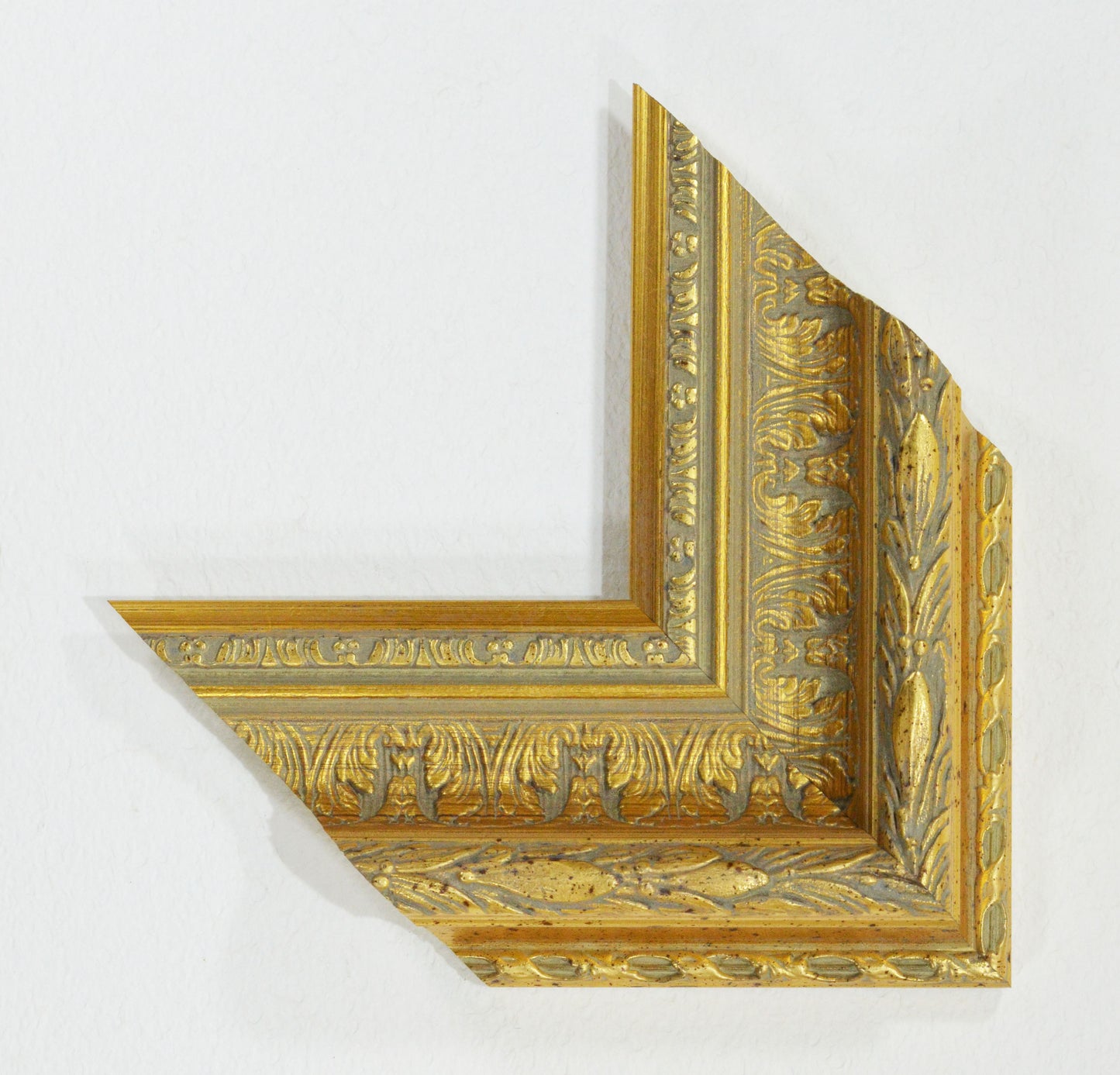 Antique Gold on Beige Green Background, Picture Frame. Width 4.25 inches, height 2.1 inches. Polystyrene Picture Frame.