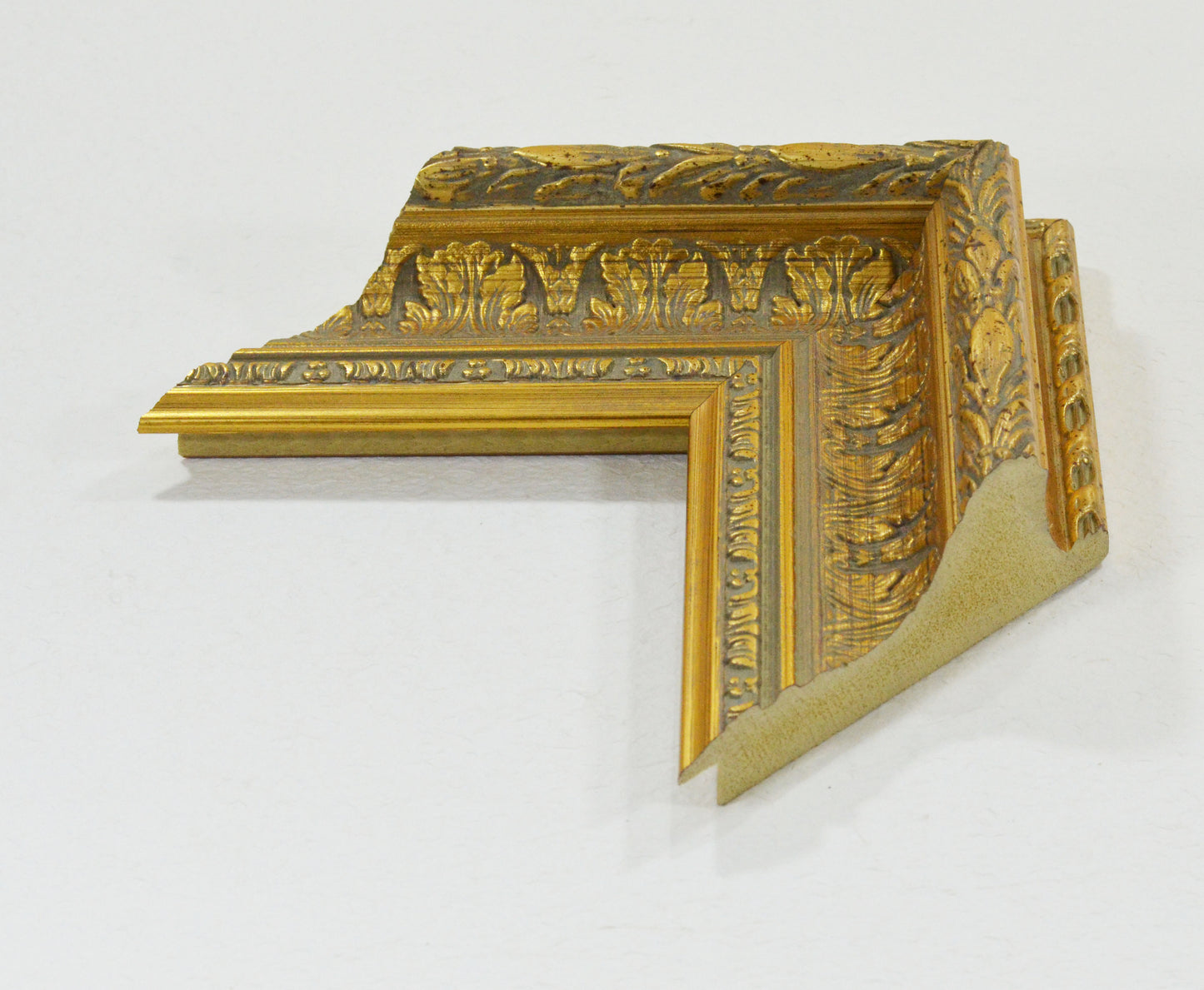Antique Gold on Beige Green Background, Picture Frame. Width 4.25 inches, height 2.1 inches. Polystyrene Picture Frame.