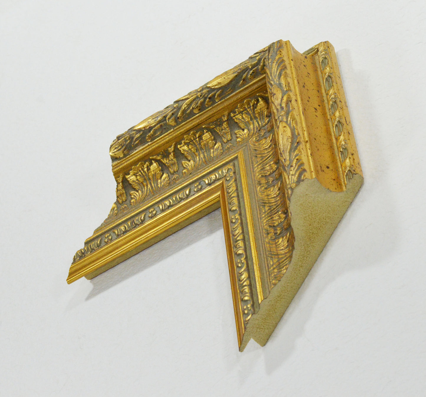 Antique Gold on Beige Green Background, Picture Frame. Width 4.25 inches, height 2.1 inches. Polystyrene Picture Frame.