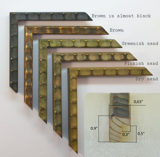 Unusual relief picture wooden frame in five color shades.. Width 0.63" x Height 0.9". AVERAGE FRAME SIZES.