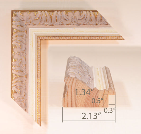 Antique gold picture frame on beige pink background with beige stripe in classic style. Width 2.13 inches, Height 1.34 inches.