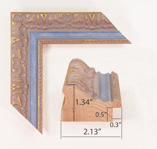 Antique Gold Picture Frame on grey pink background with Blue stripe in classic style. 2.13" wide x 1.34" high.