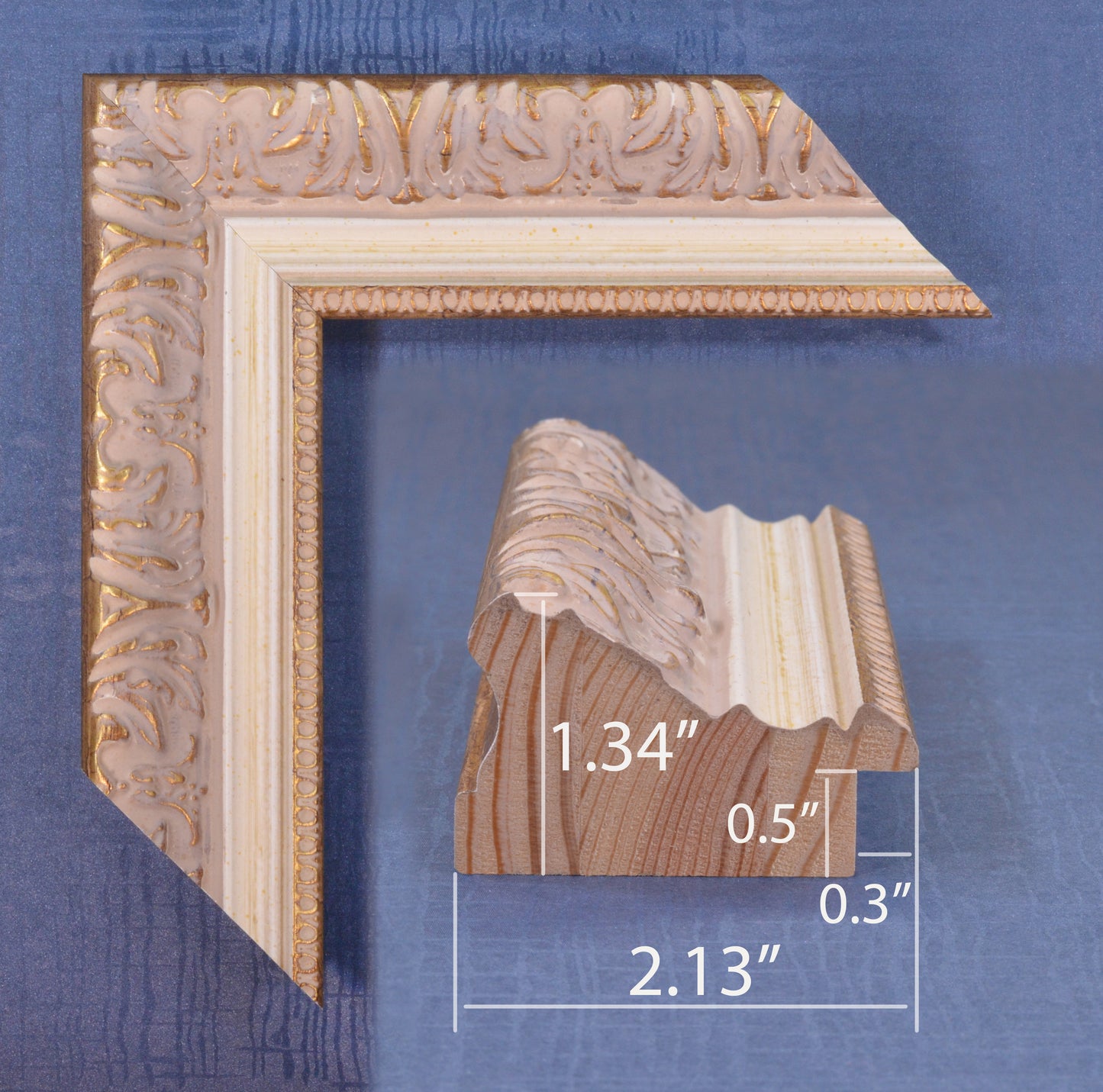 Antique gold picture frame on beige pink background with beige stripe in classic style. Width 2.13 inches, Height 1.34 inches.