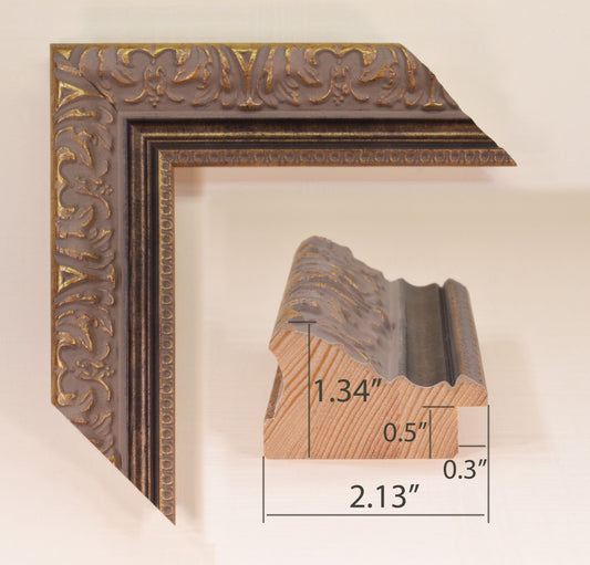 Antique Gold Picture Frame on rich gray background with black stripe in classic style. Width 2.13" x Height 1.34".
