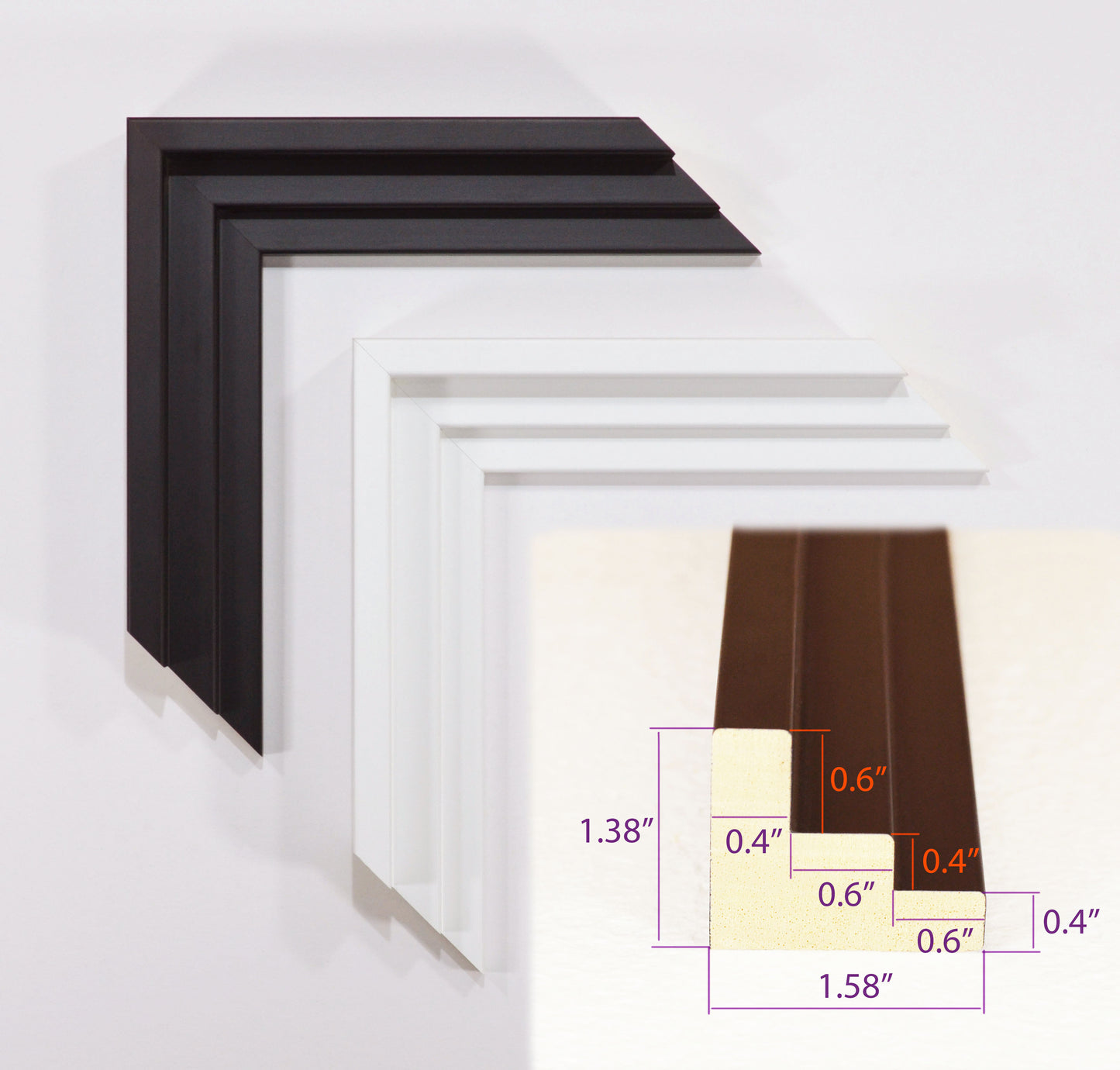 Modern Floating Wooden Stylish Frame Black and White for Canvas Paintings Stretched on Thick Subframe. Frame Width 1.58" x Height 1.38"
